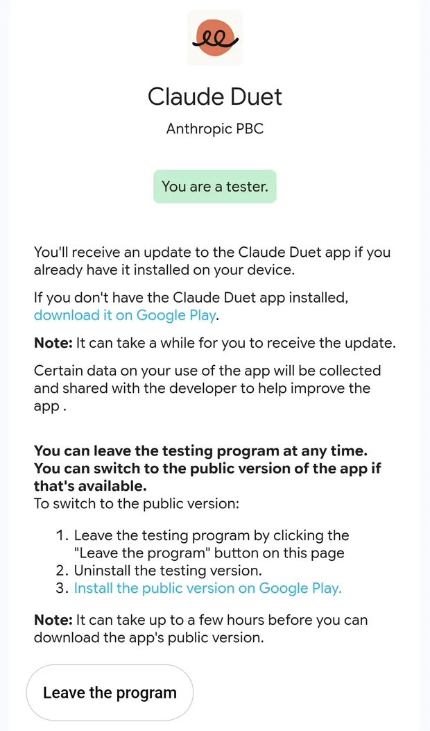 צילום מסך מ־Google Play: עמוד Claude Duet עם ההודעה You are a tester