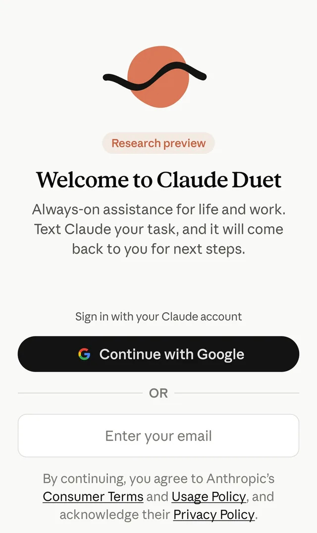 Claude Duet welcome screen with a Research preview badge and sign in with a Claude account