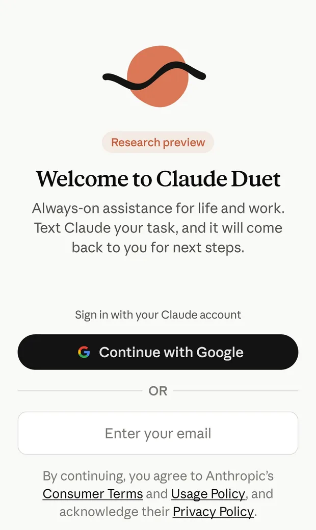 צילום מסך מהאפליקציה: מסך Welcome to Claude Duet עם תג Research preview