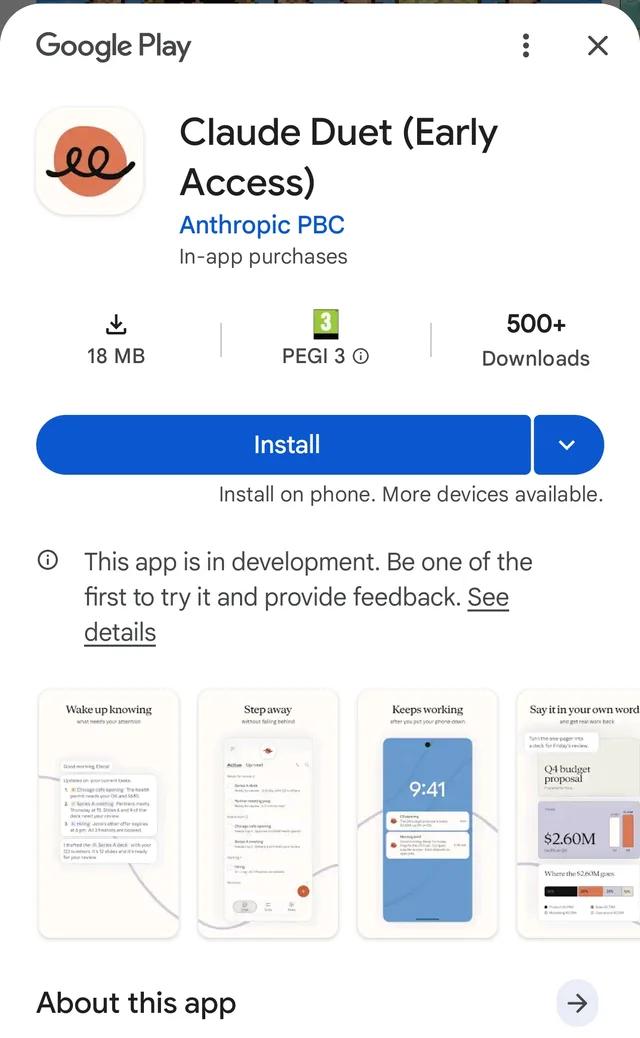 Google Play listing titled Claude Duet (Early Access) by Anthropic PBC, marked in development