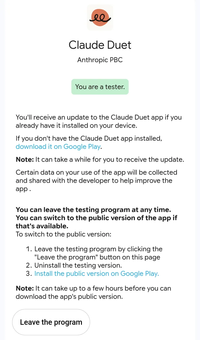 Google Play tester page for Claude Duet reading You are a tester, with the option to leave the program