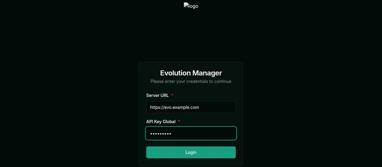 מסך ההתחברות של Evolution Manager עם כתובת שרת לדוגמה ומפתח מוסתר