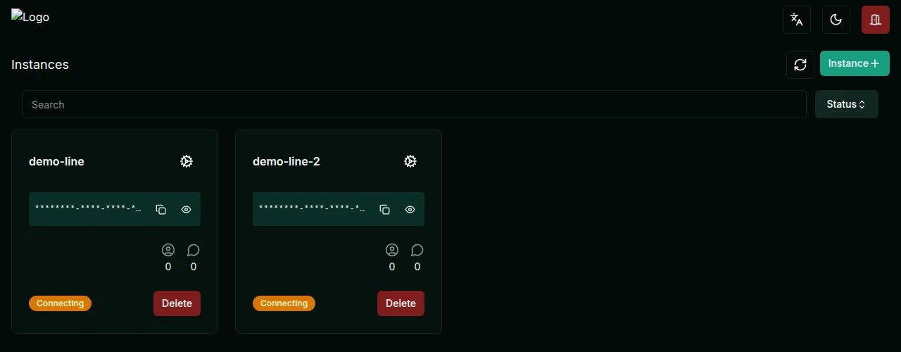 רשימת המופעים ב־Manager עם demo-line ו־demo-line-2 במצב connecting