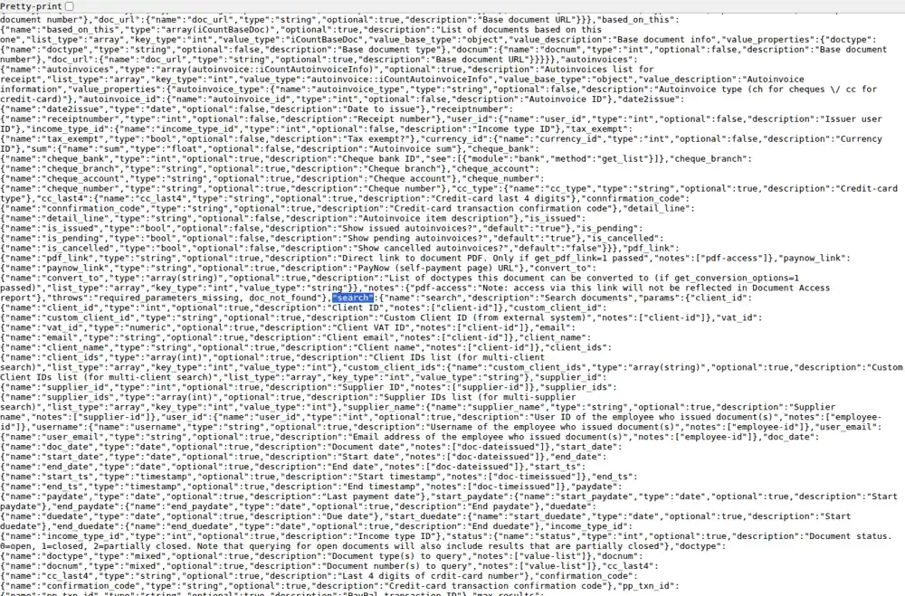 חוזה doc/search הציבורי של iCount ובו שדות סינון והגבלת פרטי התוצאה