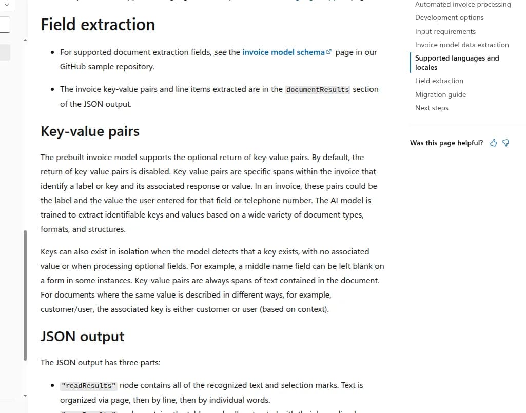Microsoft invoice documentation showing field extraction and JSON output