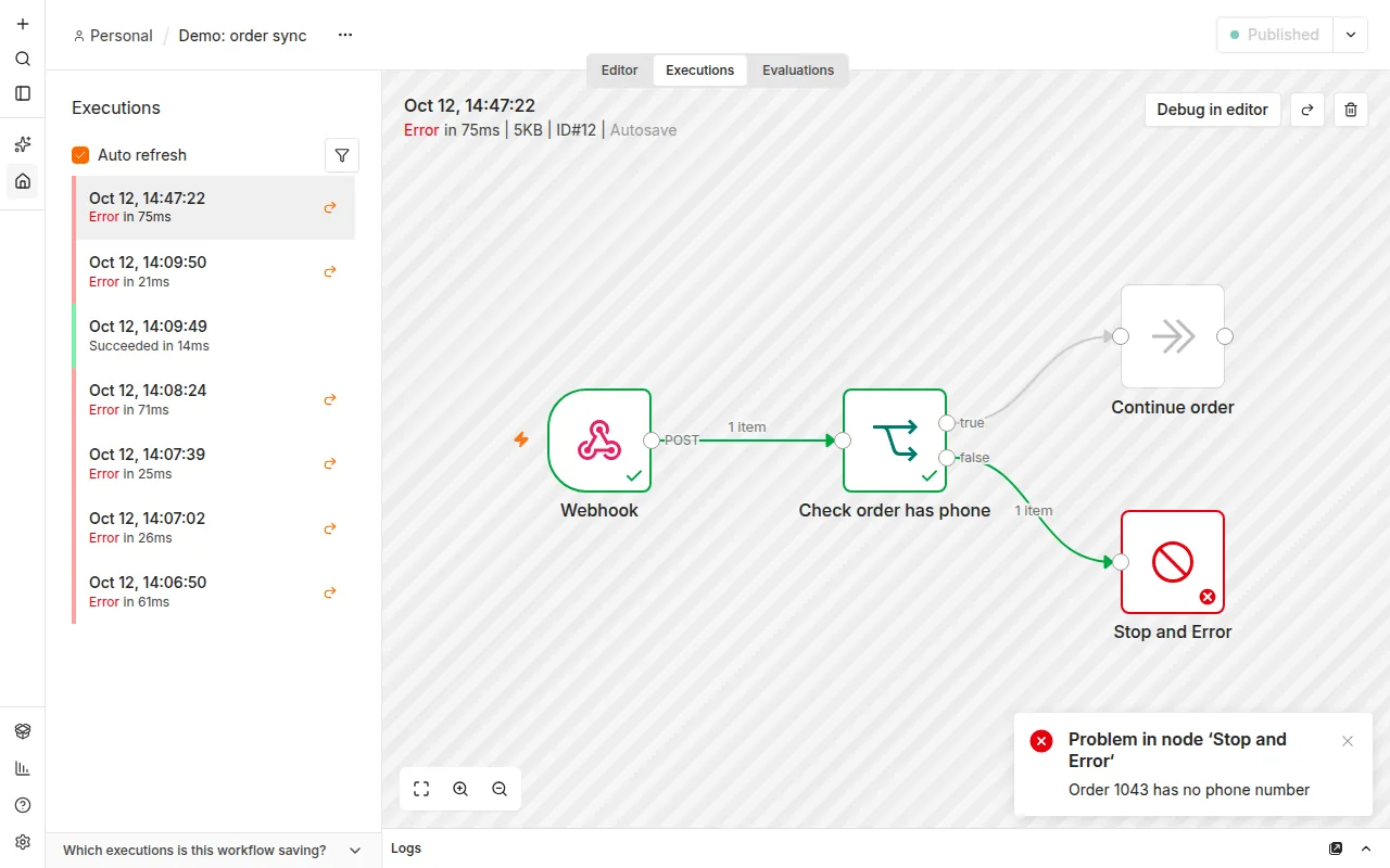 רשימת ההרצות של workflow ההדגמה בלשונית Executions עם הרצות שנכשלו וצומת Stop and Error אדום