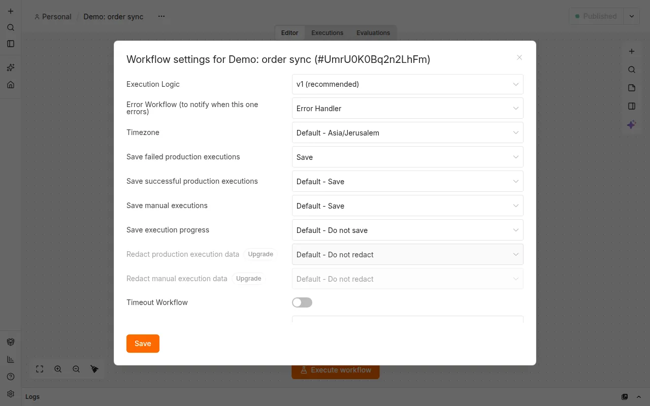 חלון Workflow settings של workflow העסקי עם Error Handler שנבחר בשדה Error Workflow