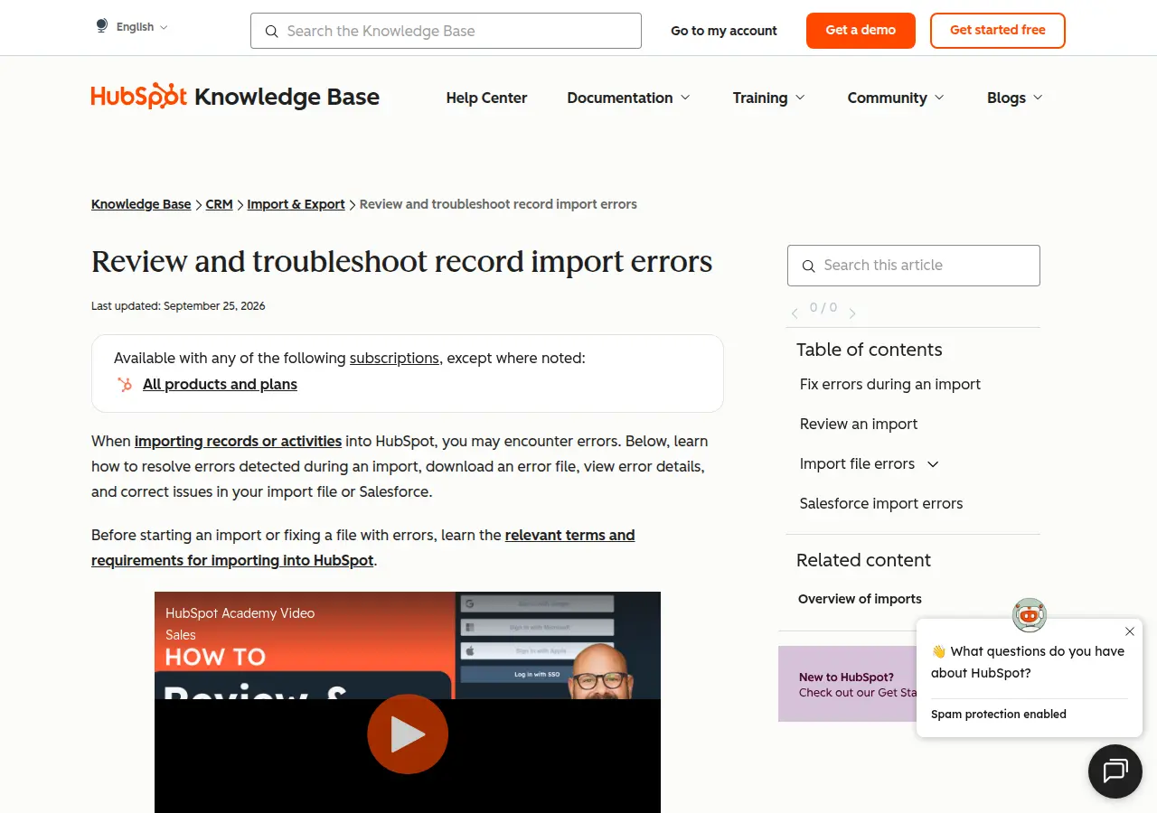 HubSpot documentation for reviewing import errors and failed rows