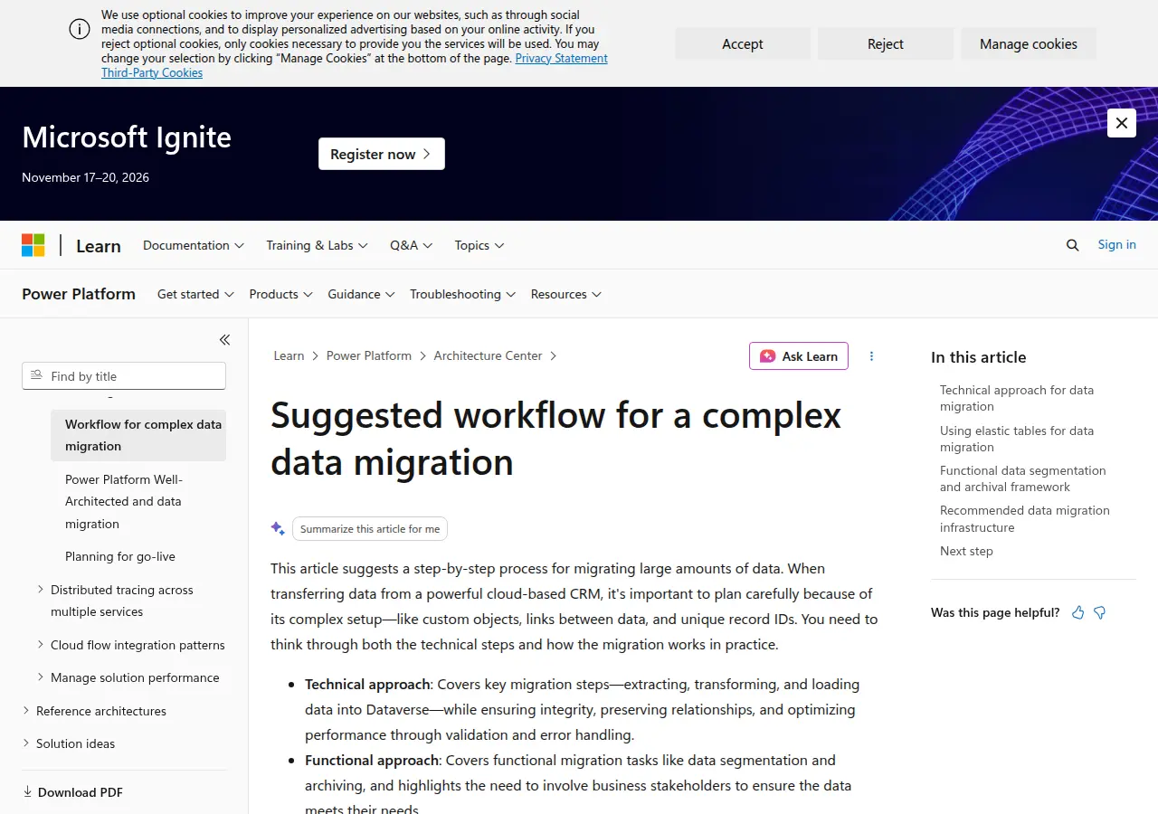Microsoft Learn page describing a complex migration workflow