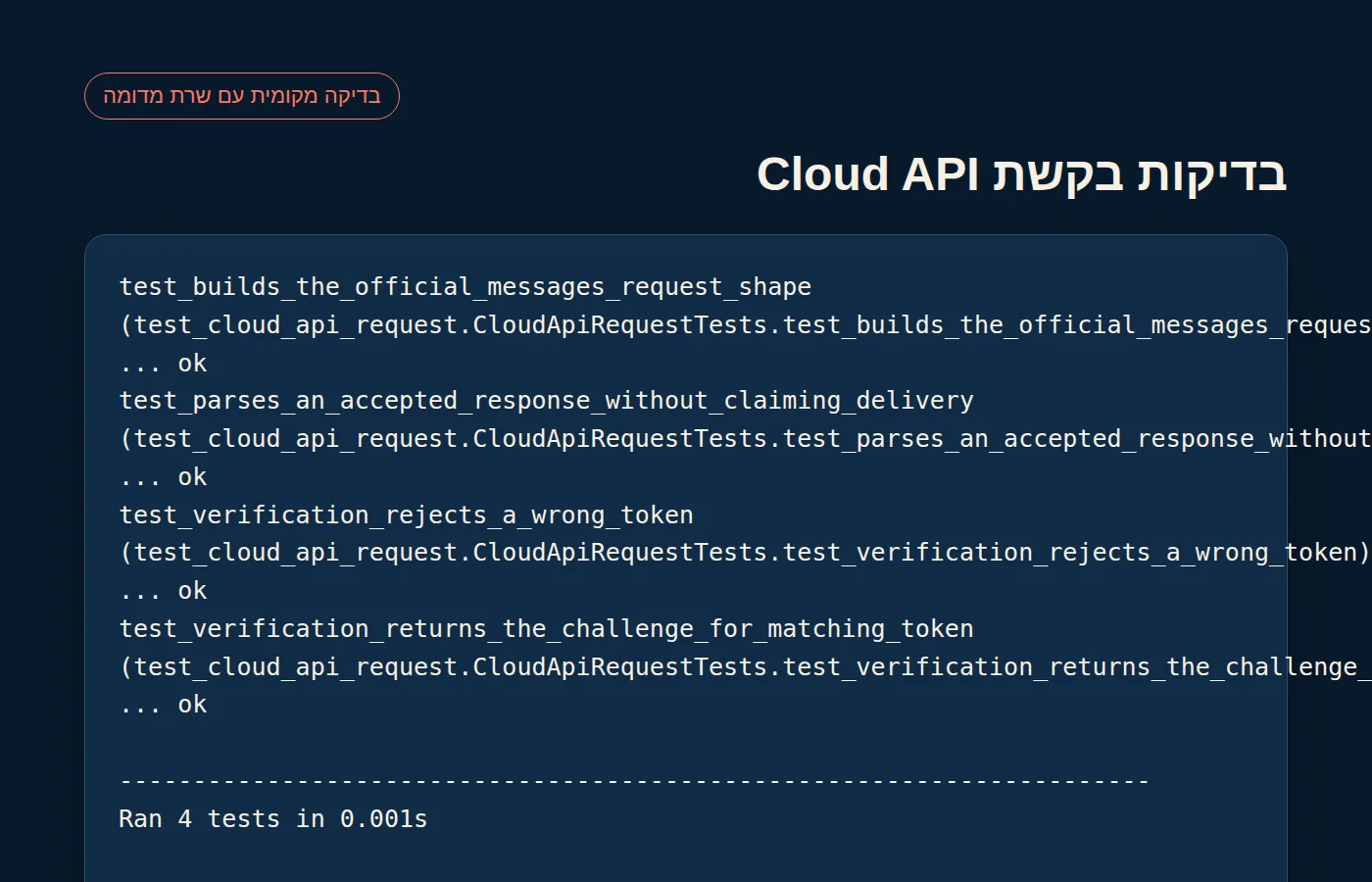 פלט בדיקות מקומיות לאימות challenge ולבניית בקשת WhatsApp Cloud API מול שרת מדומה