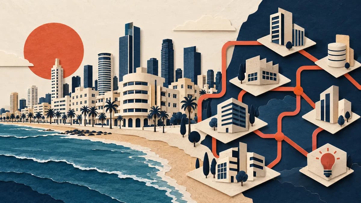 איור: רשת מערכות עסקיות על רקע תל אביב