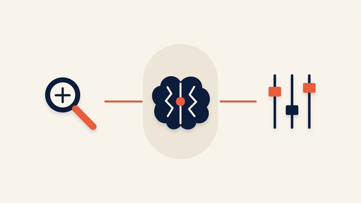 Visibility and control around AI actions. Editorial illustration.