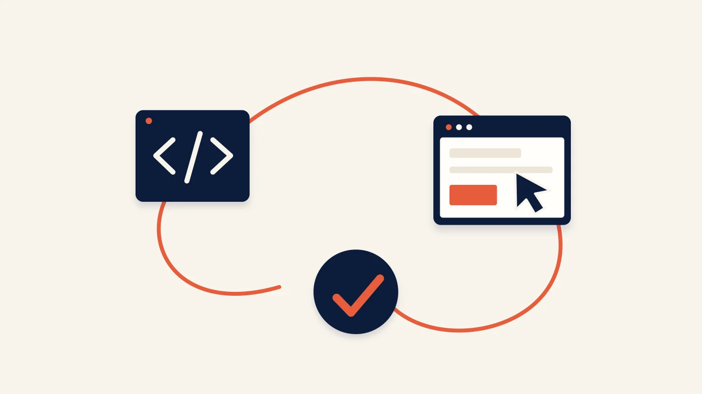 A coding agent tests the application it builds. Editorial illustration.