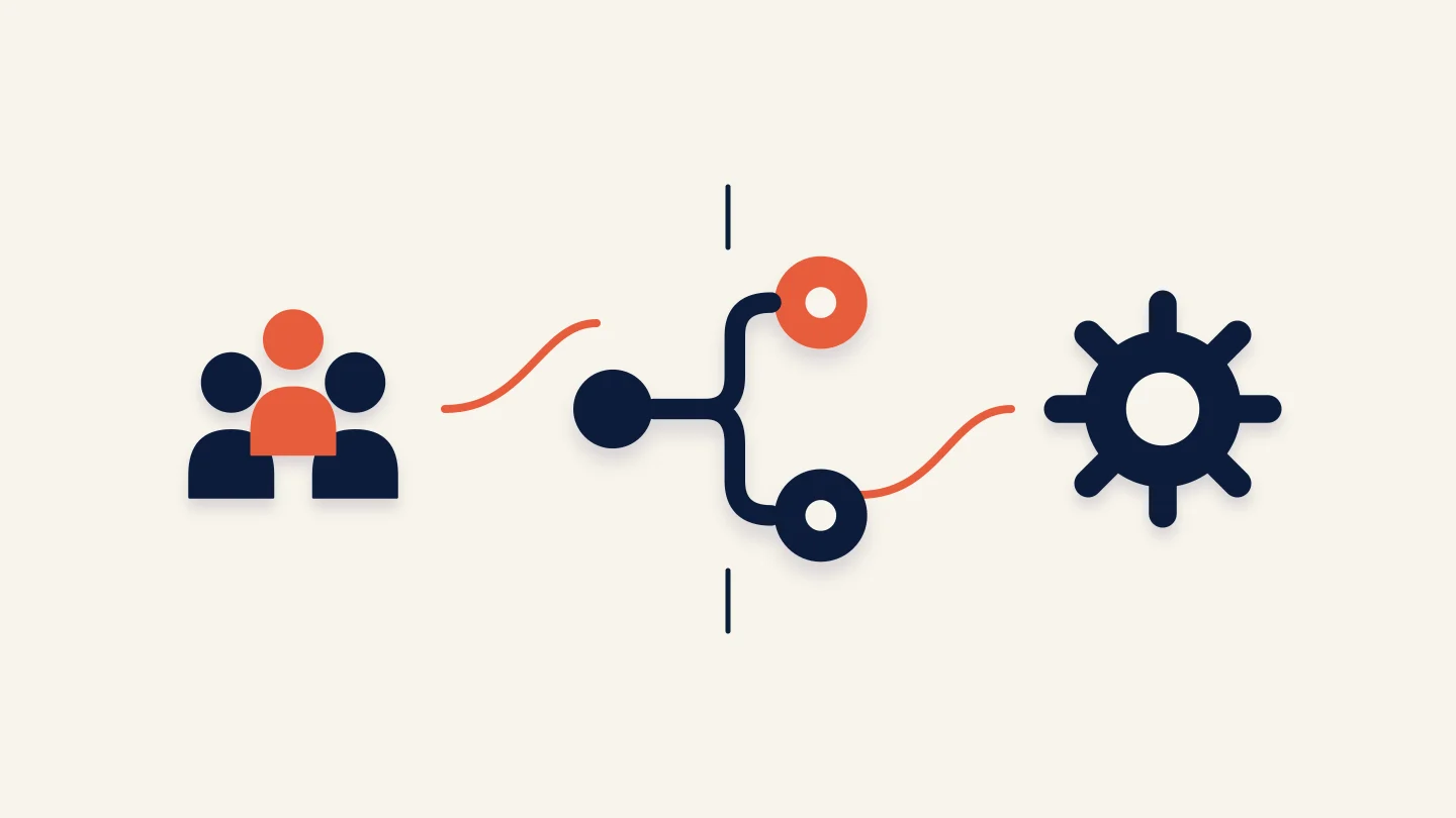 A central automation team handing workflow building blocks to people from several departments. Editorial illustration.