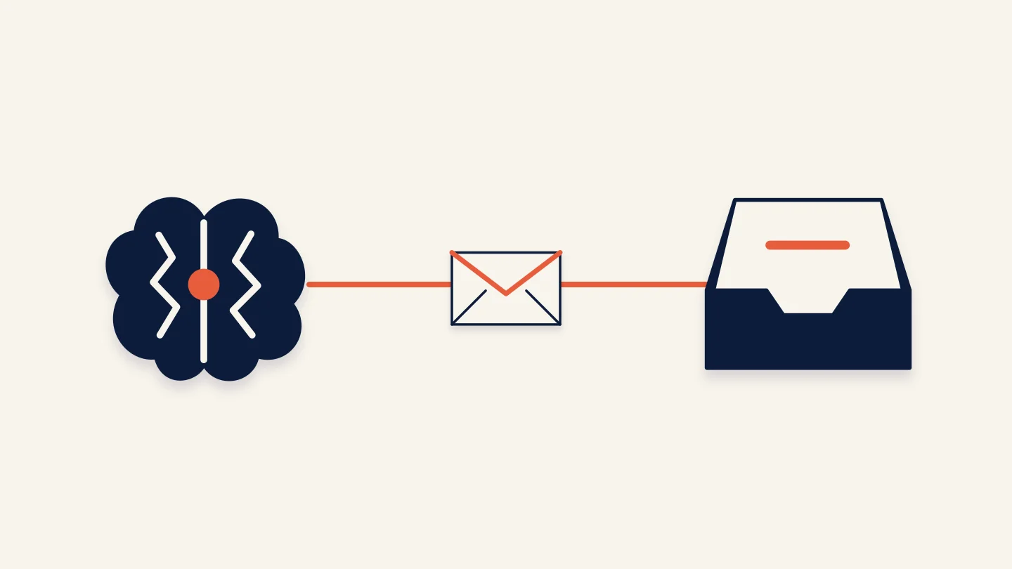 An autonomous agent gets an email inbox. Editorial illustration.