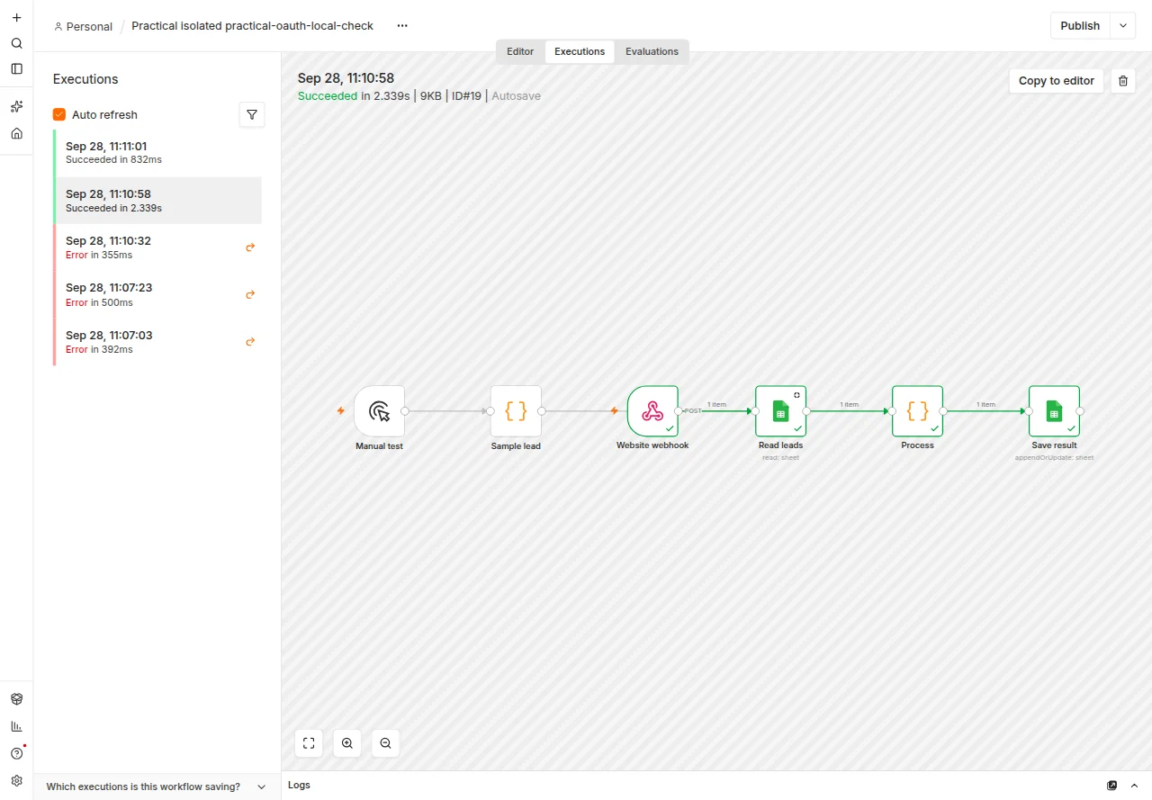 הרצת webhook אמיתית ב-n8n לאחר חיבור Google Sheets. נבדקו גם ניסיון חוזר, כשל הרשאה והתאוששות; השגיאות ברשימה הן מבדיקות הכשל המכוונות.